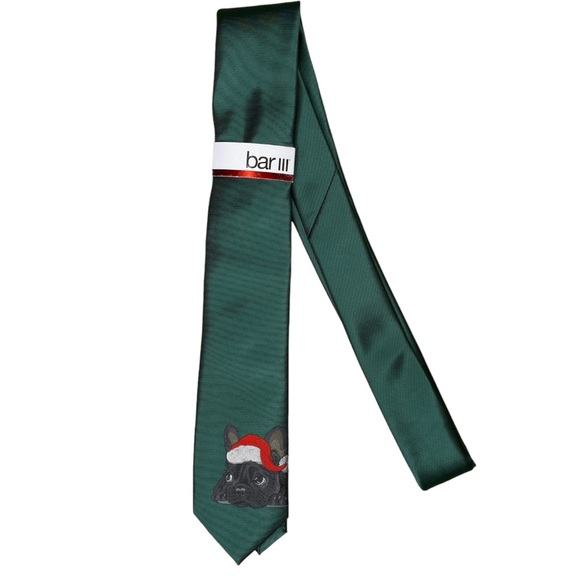 BAR III Men’s Neck Tie Dark Green Santa Bulldog Festive Office Formal - Picture 2 of 3